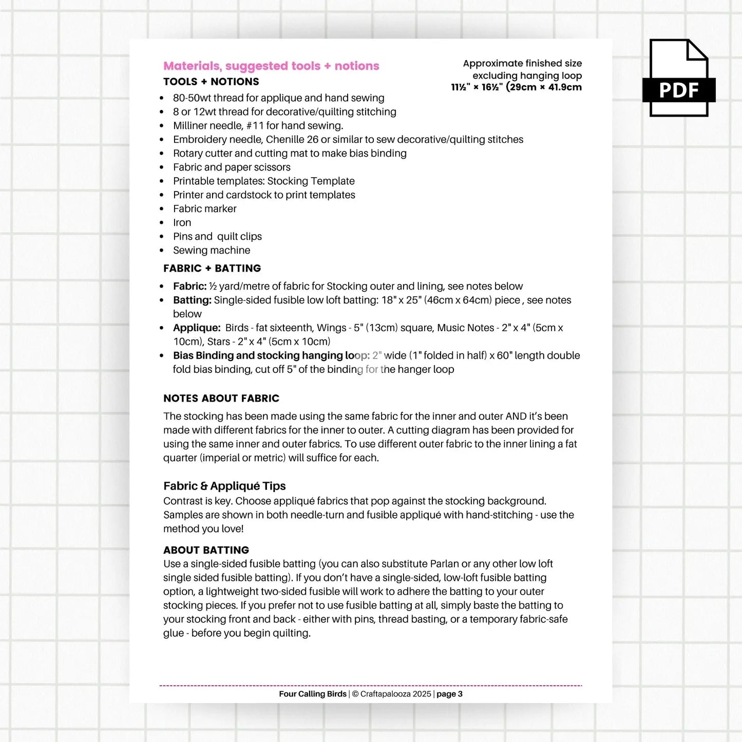 Four Calling Birds Stocking PDF Pattern – 12 Days Stocking Series #1 Craftapalooza Designs