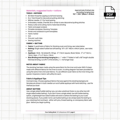 Four Calling Birds Stocking PDF Pattern – 12 Days Stocking Series #1 Craftapalooza Designs