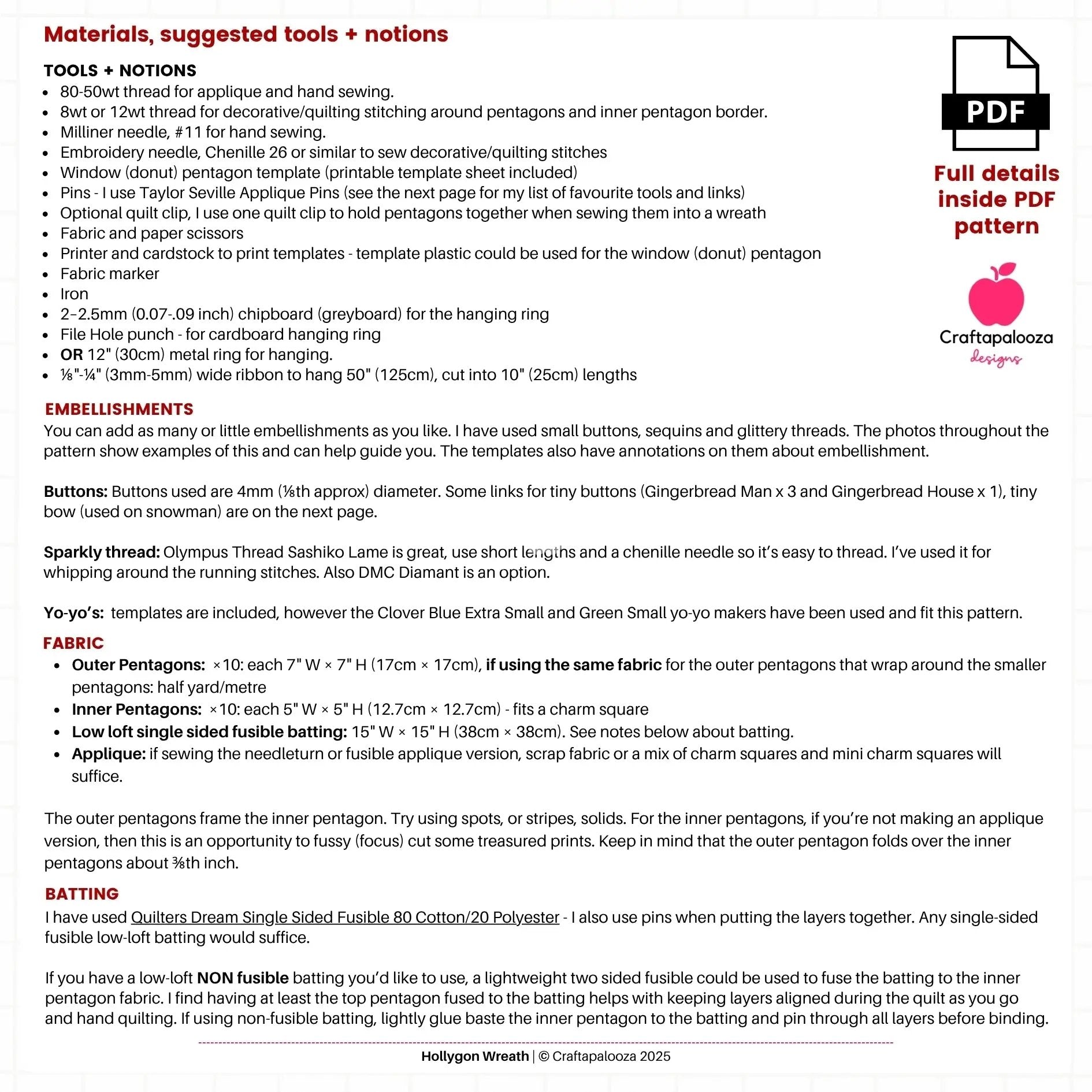 Hollygon Wreath PDF Pattern (Quilt-As-You-Go Wreath or Table Centrepiece) Craftapalooza Designs