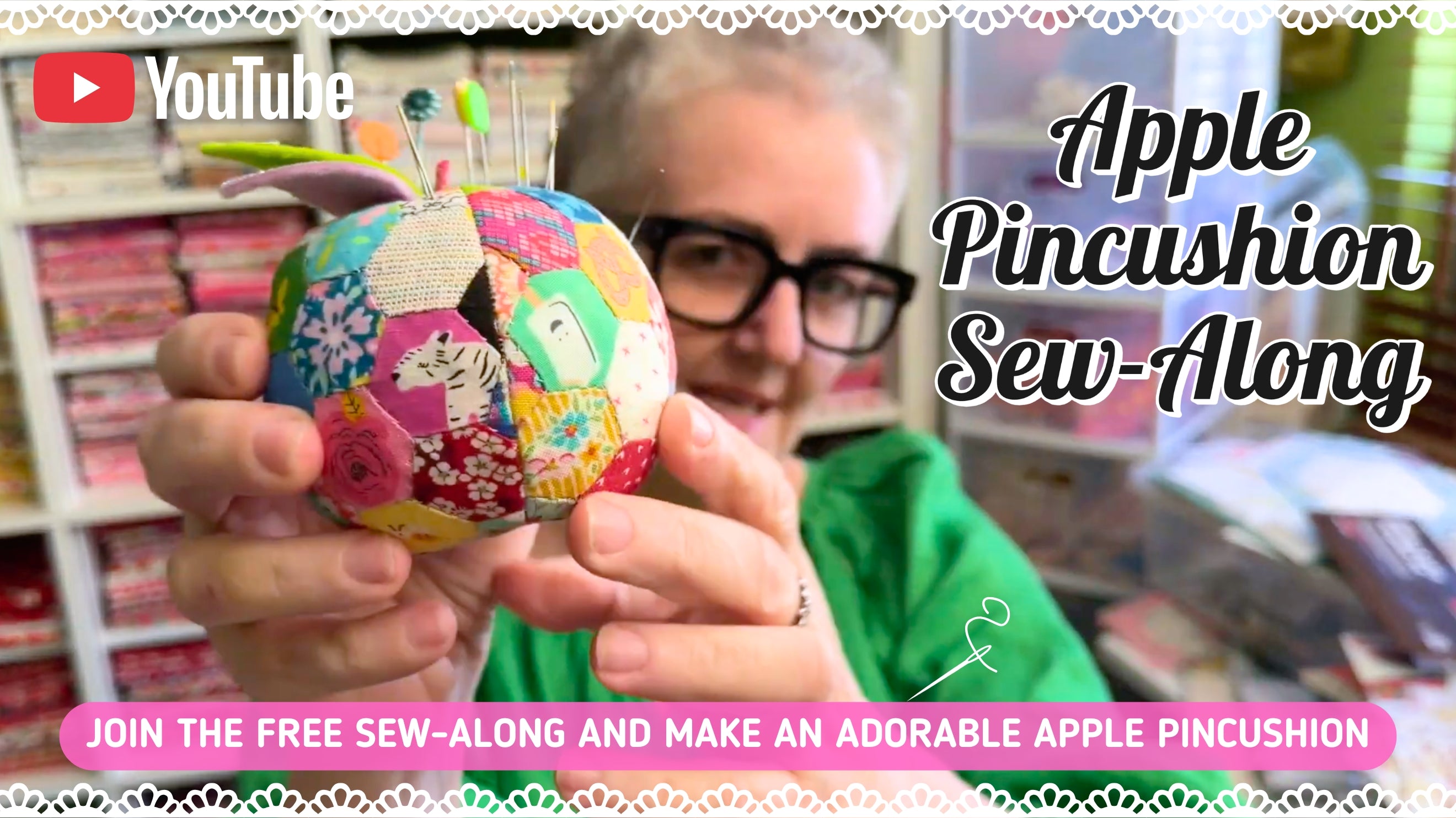 Load video: craftapalooza-designs-apple-pincushion-sew-along-patchwork-stamps-hexagon-epp