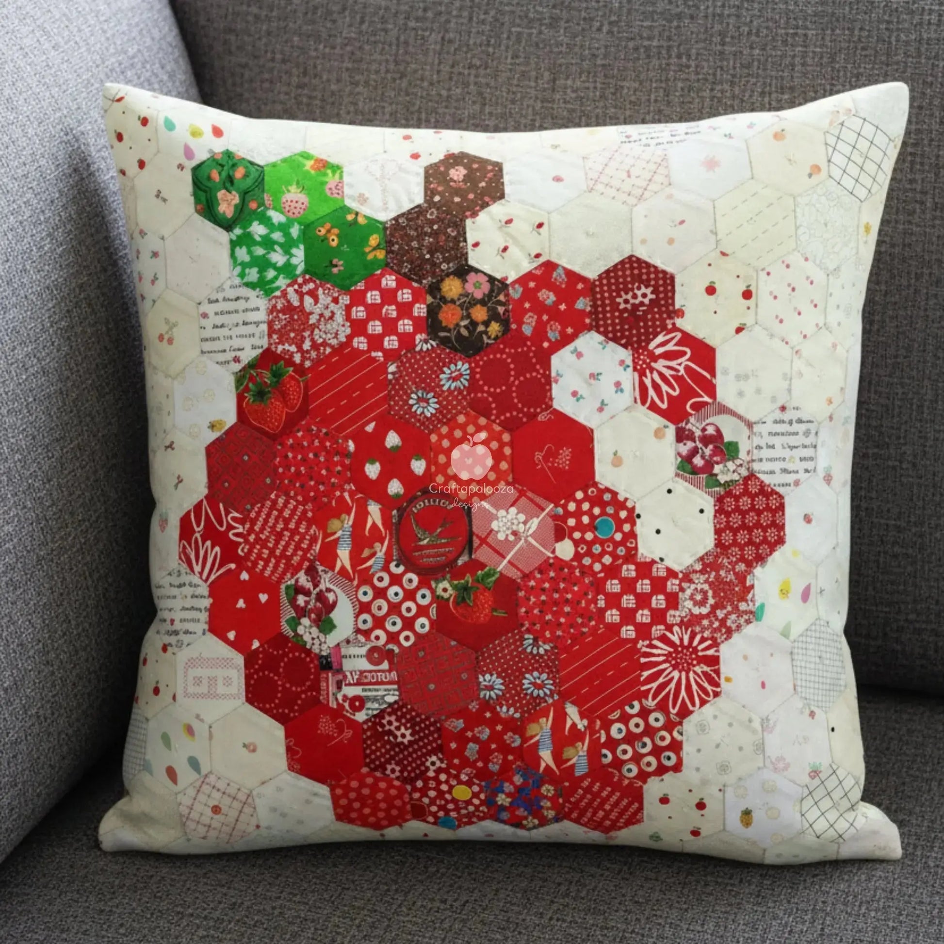 Apple-Lutely Pillow PDF Pattern (18in x 18in/45cm x 45cm) - Hand Sew Hexagons Without Papers 