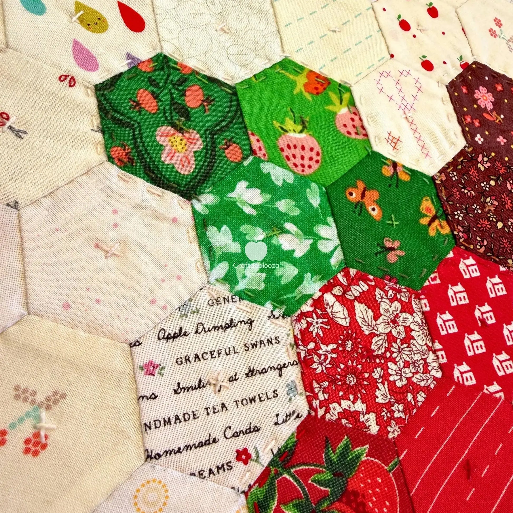 Apple-Lutely Pillow PDF Pattern (18in x 18in/45cm x 45cm) - Hand Sew Hexagons Without Papers 